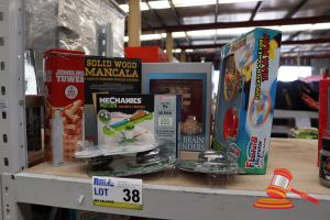 Bundle Of Toys Including: 1x Solid Wood Mancala, 1x Jumbling Tower Game, 1x Brain Benders, 1x Magnetic Compass, 1x Flashing Catch Game, Yo-Yos, All Unopened