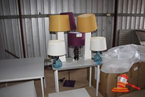 196 · 6 X ASSORTED LAMPS AND 1 X GREY MELAMINE TABLE (APPROX 900 X 500 X H750MM. LAMPS - 2 X BEDSIDE LAMPS (WHITE SHADES WITH BLUE MOSAIC BASE). APPROX H450MM, 1 X PURPLE FLOOR LAMP. APPROX H1700MM, 1 X PURPLE TABLE LAMP. APPROX H500MM, 2 X MATCHING TABLE LAMPS, WHITE WITH ORANGE SHADES. APPROX H850MM