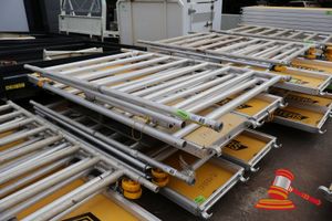 2 X Aluminium Framed Platforms, Approx; 600mm W X 2.4m L X 60mm, 3 X Metal Frame Sides, Approx; 1.3 M W X 2.9 M H, 1 X Metal Framed Approx; 1.1 M H X 1.3 M W, Some Marks, On A Pallet