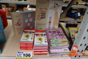 BUNDLE OF TOYS INCLUDING: 1x WOODEN ABACUS, 1x STACKING GAME AND ASSORTED COLOURED PENCILS, ALL UNOPENED