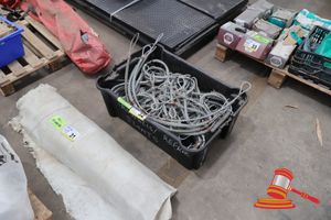 32 · APPROX 40 X HOSE RESTRAINT CABLES, WIRE ROPE TYPE, ASSORTED LENGTHS, LOOP ENDS, STORED IN BLACK TUB (USED)