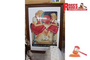 54 · 1 X COCA-COLA FRAMED VINTAGE ADVERTISING POSTER, REFRESH AT OUR FOUNTAIN, FEATURES MOTHER AND DAUGHTER IN RED DRESSES