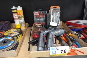 76 · TRAY OF ASSORTED TOOLS, INCLUDES: 2 X OZITO SDL-8000 3.6V SCREWDRIVER TOOLS, TROJAN MINI FILE SET 10PC, 100PC SCREWDRIVER BIT SET, 24PC PRECISION SCREWDRIVER SET, SOLDER, PLIERS, FILES, VARIOUS OTHERS, UNTESTED
