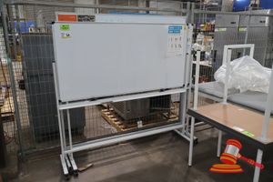 3 X MOBILE WHITEBOARDS , WHITE POWDER COATED FRAME, DOUBLE SIDED, WITH WHEELS, L1860 X H1900 (SOME MARKS)