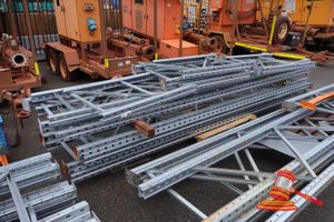 Approx 11 X Assorted Pallet Racking Uprights, Dimensions Includes; 4m L X 820mm W, And 1.1m L X 820mm W, Some Marks/Rust, On A Pallet