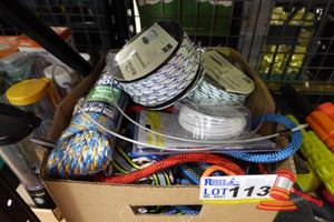 Box Of Assorted Ropes, Including Camping Ropes, Stretch Wire, Telco Ropes And Tiedowns