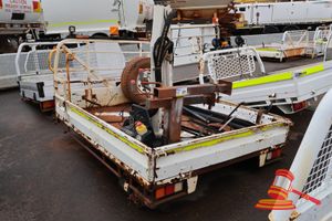 White Ute Tray, Approx; 1.8m W X 2.4m D X 1.2m H, Rust And Scratches Across Frame, Includes; Spare Tyres, Work Light Bar, Kevrek 1000 Crane And Various Others