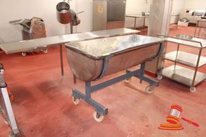 Stainless Steel Trough/Bin With Outlet Plug On Steel Mobile Frame. Approx 1500 X 680 X H960mm