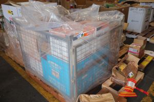 Approx 12 X Boxes Of Industrial Parts Including Hitachi Filter Kits, Donaldson P550413 Lube Filters, Rubber Elbows P/N 7w0650, Caterpillar Collets P/N 8r-3931, Victor Technologies Plasma Torchs, Various Others, Boxes Showing Wear, On A Pallet