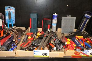 Tray Of Assorted Tools Including Bosch Electric Screwdriver Set, Trojan Socket And Driver Set, Solid Barrel Hand Crimping Tool, Pliers, Screwdrivrs, Wrenches, Hole Saw Arbor With Pilot Drill Bit