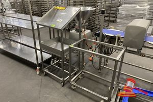 136 · 1 X STAINLESS STEEL MOBILE WORK STATION WITH SLOPING TOP AND UNDERSHELF. APPROX 600 X 500 X H1370MM AND 1 X STAINLESS STEEL MOBILE FRAME. APPROX 740 X 460 X H850MM
