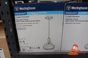 308 · WESTINGHOUSE LIGHT PENDANT, CHROME FINISH WITH CLEAR HAMMERED GLASS, ADJUSTABLE CORD LENGTH UP TO 50", HEIGHT: 62.76", DIAMETER: 9.17", CODE: 6328735