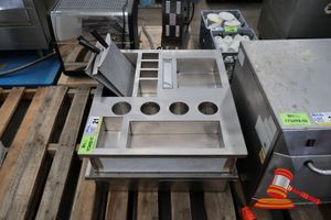 2 X Stainless Steel Custom Food Service Insert Tray, Multi Compartment, 4 X Circular Cutouts, Various Rectangular Sections, L820 X W702 (Some Marks)