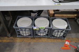 APPROX 60 X DINNER PLATE, WHITE, COMMERCIAL GRADE, IN 3 X MILK CRATES
