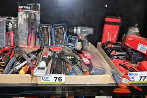 76 · TRAY OF ASSORTED HAND TOOLS AND ACCESSORIES, INCLUDES: OZITO CORDLESS DRILL, BOSCH ELECTRIC SCREWDRIVER , TOOL PRO RATCHET WRENCH 18 V, SUTTON DRILL BIT SET, VARIOUS SOCKET SETS, WRENCHES, WIRE BRUSH, PIPE WRENCH
