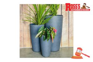 49 · Matching set of 2 Grey Artisan Planters - Sizes: 32 x 58 cm, 23 x 42 cm, RRP $125 Create a stylish designer display from the 2003 Tolly Pot range, featuring a tall round tapered planter with a smooth finish, this range brings a clean, contemporary look to homes, patios, courtyards, entryways and landscaped spaces. Constructed from stone-resin composite: 50% stone, 45% high-density resin and 5% fibreglass, it combines practical lightweight handling with a premium look. It is designed for indoor a