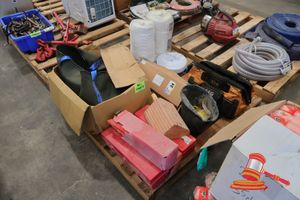 24 · 1 X PALLET OF MIXED ITEMS INCLUDES: 2 X ROLLS HUAS ROPE POLYPROPYLENE ROPE (8MM X 250MM), SAFETY THERMOLITE LANCE HANDLE, BUCKET WITH YELLOW PROTECTIVE CAPS, 4 X VEHICLE SAFETY TRIANGLES, 2 X CANVAS 50KG LIFTING BAGS (UNUSED), 2 X CLAMPS, PLUS VARIOUS OTHER ITEMS