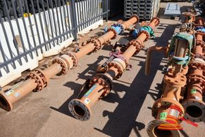 40 · METAL WATER PIPING WITH VALVES AND SIEMENS STRAINS F M MAG 3100, POSS USED, APPROX; 4.6M L X 160MM D OPENING