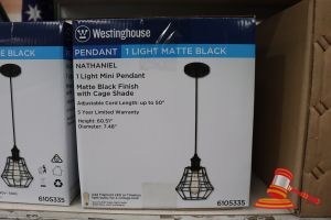 153 · WESTINGHOUSE MINI PENDANT LIGHT, MATTE BLACK FINISH WITH CAGE SHADE, ADJUSTABLE CORD LENGTH UP TO 50", HEIGHT: 60.51", DIAMTER: 7.48", CODE: 6105335