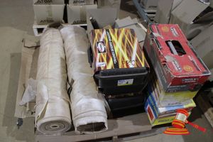 4 · PALLET OF ASSORTED WELDING CONSUMABLES INC 2c ROLLS OF WELDING BLANKETS, 3x HARRIS ACETYLENE MODEL 801 EGS KITS, 4x ROLLS OF WELDING WIRE, WELDING HELMET AND LINCOLN INVERTEC V160 TIG WELDER