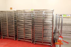 4 X Stainless Steel 14 Tier Mobile Trolleys (Approx 930 X 1000 X H1800mm) With Approx 56 Stainless Steel Mesh Baskets (Approx 400 X 500 X H80mm) Per Trolley. Note 1 X Trolley Has Approx 28 Baskets