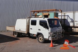 4 · 2019 Mitsubishi Fuso Canter Dual Cab White, 4 x 2, Auto, Diesel Reg #: 1GTT552, Expiry: 26/09/2026 ODO: 176,955 kms Showing on Clock Eng #: 4P10D43370 VIN: JLFFEB71G0KJ30349 Features: Bullbar, Towbar, Spotlight, Rear Camera, Two way, Rear Spotlights, Toolbox approx 1.9mL x 2.4mW x 1.3mH, Lightbar with Beacon, Fridge & Inverter in Toolbox, Toolbox approx size: 1.2 x 0.6 x 0.8 (Key # 193, WP#4804*) Condition:**Advised: Gearbox Issue.** Panel: FAIR, Paint: FAIR, Glass: FAIR, Tyres: FAIR Dash: FAIR,