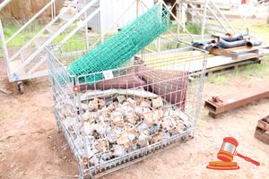 24 · STEEL WIRE CRATE WITH ASSORTED CONTAINER LOCKS AND SUNDRY ITEMS
