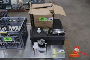 96 · ASSORTED CATERING EQUIPMENT, INCLUDES; TEAPOTS, CERAMIC SALT AND PEPPER SHAKERS, SMALL SERVING TRAYS, AND STEEL CHAFING FUEL HOLDERS, POSS UNUSED, IN 2 BOXES