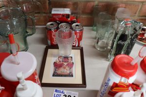 324 · BUNDLE WITH COCA-COLA CANS, GLASS, FRAMED IMAGE AND COLLECTIBLE TOY TRUCK
