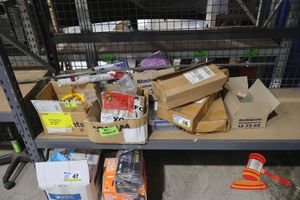 46 · ASSORTED WORKSHOP PARTS, INCLUDES NUTS, BOLTS, WASHERS, CHAIN LINKS, RODS AND HINGES OF VARIOUS SIZES