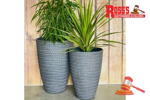93 · Pair of Snow White Planters - Size: 38 x 53 cm each, RRP $260 Create a stylish designer display from the 2197 Bradie Pot range, featuring a tall round tapered planter with a smooth ornamental finish, this range brings a clean, contemporary look to homes, patios, courtyards, entryways and landscaped spaces. Constructed from stone-resin composite: 50% stone, 45% high-density resin and 5% fibreglass, it combines practical lightweight handling with a premium look. It is designed for indoor and outdo