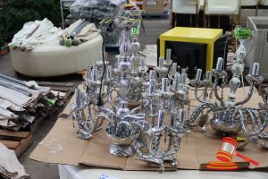 1 X CHANDELIER, MULTI ARM, CHROME FRAME, MISSING BEAD STRINGS, UNTESTED