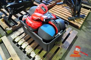 41 · 1 X CRATE OF MIXED BOXING AND FITNESS EQUIPMENT, INCLUDES: STING BOXING GLOVES (RED AND BLACK), FOCUS PADS (BLUE AND BLACK), MEDICINE BALLS (BLACK), VARIOUS OTHERS (USED)