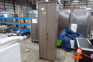 7 · 1 X TIMBER LAMINATE STORAGE CABINET, 2 DOOR, 6 SHELF, WITH CONTENTS INCLUDING: ULTRACEUTICALS DEVICE, DP DERMACEUTICALS VITAMIN RICH REPAIR PRODUCT, LAUNDRY BASKETS, CABINET APPROX; 510MM W X 400MM D X 1.9M H, DAMAGED CORNER , SOME MARKS, UNTESTED