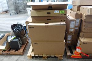71 · PALLET OF APPROX 30 X VARIOUS LCD MONITORS, DOCKS AND CABLES (NO STANDS), QUANTITY OF DELL MONITOR STANDS, ALL ITEMS UNTESTED (SOME MARKS / NO CABLES)