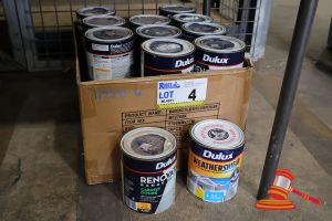 4 · APPROX 24 X DULUX PAINT PRODUCTS, INCLUDES: RENOVATION RANGE CABINET DOORS INTERIOR GLOSS, WEATHERSHIELD LOW SHEEN MAXIFLEX, IN A BOX