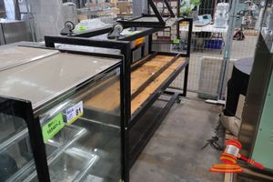2 X PORTABLE METAL FRAMED BENCHES WITH A WOODEN TOP, SOME MARKS, APPROX; 2.3M L X 70MM W X 730MM H, 1 X METAL TABLE WITH WOODEN TOP, APPROX; 1.2M L X 540MM W X 730MM H