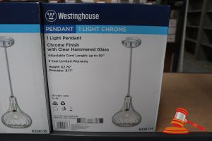 Westinghouse Pendant Light, Chrome Finish With Clear Hammered Glass, Adjustable Cord Length Up To 50", Height: 62.76", Diamter: 9.7", Code: 6328735