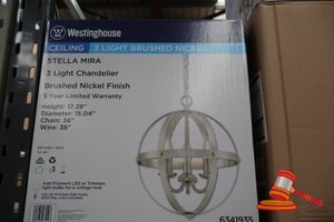 Westinghouse 3 Light Chandelier, Brushed Nickel Finish, Height: 17.28", Diameter: 15.04", Chain: 36", Wire: 36", Code: 6341937