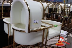 6 X Upholstered Tub Style Stools, White Leather-Look With Gold Metal Frames, On Pallets, General Wear And Tear, Some Marks On Vinyl
