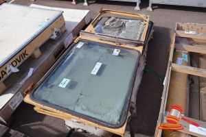 45 · 2 X KOMATSU GRADER DOORS, P/N: 100019, SUIT GD825A-2, POSS INCOMPLETE, APPROX; 1.8M H X 810MM W X 50MM D, SOME MARKS/RUST, ON A PALLET