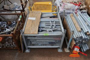 Scaffolding Components, Galvanised, Includes: Adjustable Base Jacks With Swivel Plates, Screw Jacks, Ledgers, Transom Braces, Clamps, Couplers In Mesh Crate (Used, Surface Rust And Wear)