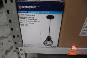 250 · WESTINGHOUSE MINI PENDANT LIGHT, MATTE BLACK FINISH WITH STEEL CAGE SHADE, ADJUSTABLE CORD LENGTH UP TO 50", HEIGHT: 61.13", DIAMETER: 7.80", CODE: 6103435