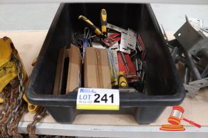 241 · TUB WITH ASSORTED ITEMS INCLUDING: PIN PUNCH, TOOLS ETC