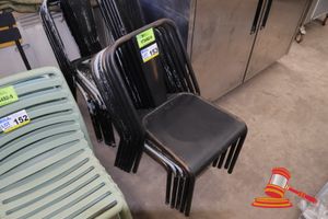APPROX 12 X BLACK/GREY METAL STACKING CHAIRS, COMMERCIAL GRADE, VERTICAL SLAT BACK (SOME MARKS / WEAR)