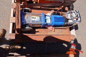218 · 1 X LOWARA CENTRIFUGAL PUMP WITH ELECTRIC MOTOR, MODEL: HVL4 015-A0010, CODE: 10073LCAA, SN: 134N6129518603G321, MOTOR: 1.5KW (400V) / 2.0 HP (460V), UNTESTED (SOME MARKS), APPROX; 840MM L X 270MM W X 280MM H, ON WOODEN SKID (B2578042)