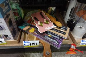 Various Kitchen Items, Includes: Cheese Knives, Corn Holders, Cutting Board, Kitchen Knives, Knife Sharpener, Etc