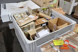 77 · ASSORTED GOODS, INCLUDES CAT AIR FILTERS 207-6870, CAMFIL AIR FILTERS 2075501, BOX OF FIBRE OPTIC CABLES, CORE LINK CASSETTE IN A NALLY TUB