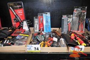 74 · TRAY OF ASSORTED HAND TOOLS, INCLUDES: WERA SCREWDRIVER SET, PREMIUM CABLE CUTTER, DRIVER 17PC SET, ADJUSTABLE WRENCHES, PLIERS, WIRE STRIPPERS, TUBE CUTTERS, AND VARIOUS OTHERS