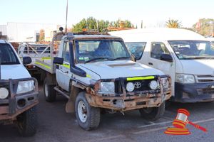9 · 2017 Toyota Landcruiser Single Cab White, 4 x 4, Manual, 4.4 L Diesel Reg #: Unlicensed, ODO: 182,739 kms Showing on Clock Eng #: 1VD0412103, VIN: JTELV71J507402615 Features: Air Conditioning, Bullbar, Power Steering, Towbar, Spotlights, Side Steps, Worklight Bar, Spare Wheel, Bluetooth, Seat Covers. (Asset # LV505), (*Key # 110, WP#4826*) Condition: **Noted As Non Driveable - Tow Truck Required, Mechanical Condition Unknown, Rust & Panel Damage Across Vehicle, RH Side Step Panel Missing, Key Be